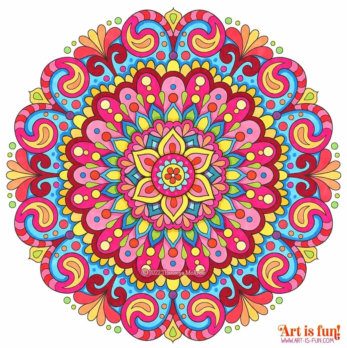 Detailed Mandala Coloring Page from Thaneeya McArdle's set of 10 printable Detailed Mandala Coloring Pages, colored in with Ohuhu Kaala Markers