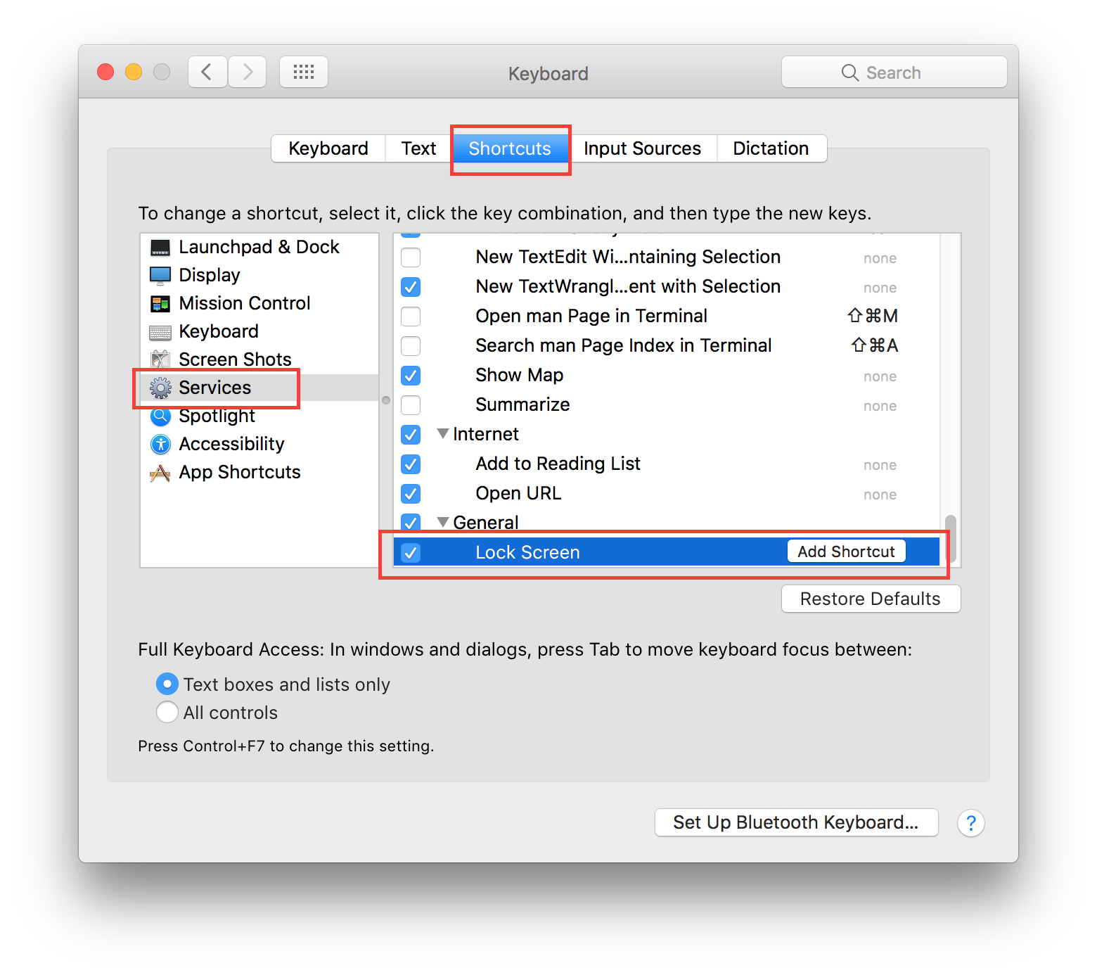 keyboard: navigating through to "Lock Screen" service.