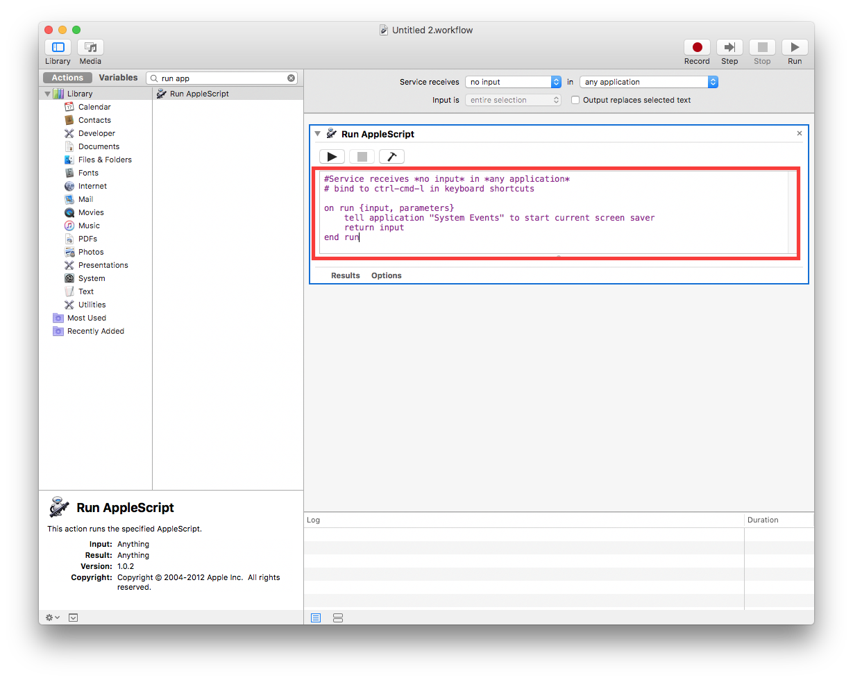 Doubleclick "Run Applescript" to add it to the service.