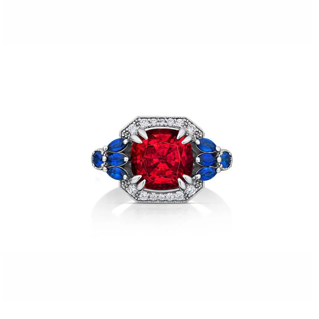 2024 SPECTRUM AWARDS// ALFIE NORVILLE WOMEN OF EXCELLENCE AWARD WINNING "LA FEMME SPINELLE" Red Spinel, Blue Sapphire & Diamond Ring- PRICE UPON REQUEST
