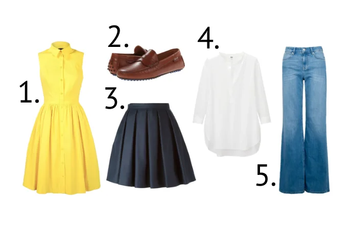 1. Yellow Shirt Dress 2. Luggage Tan Loafers 3. Navy Blue Pleated Skirt 4. Silk Tunic 5. High Waisted Trouser Jeans