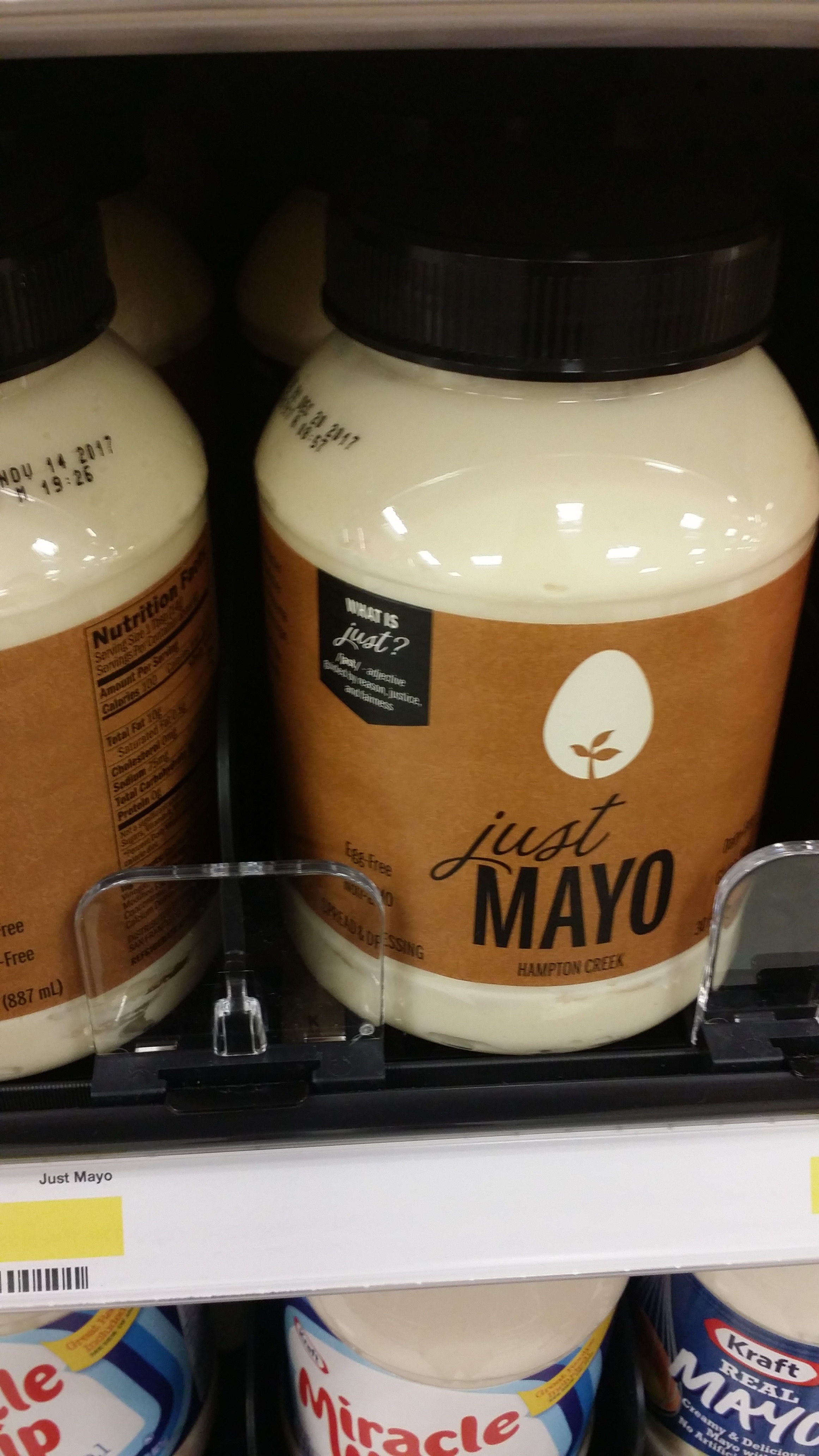  Egg free mayo! It does come in a plastic jar, but I'm glad it's carried at target. I do still eat eggs, but I only eat them when I know the chickens.&nbsp; 