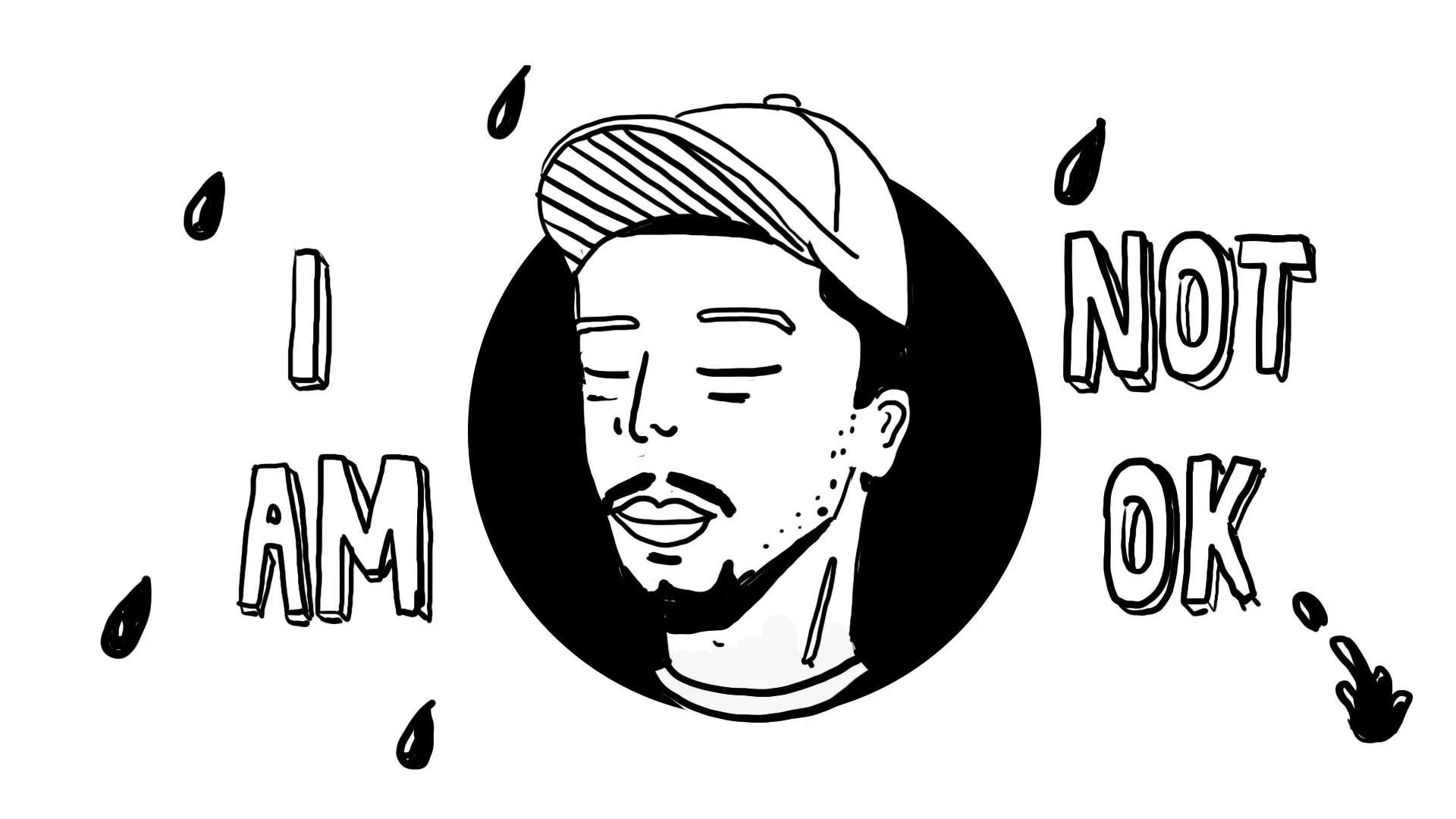  Raleigh’s head pops in, the rain continues to drop, and we see the lettering “i am not ok” . Raleigh has his eyes closed. 