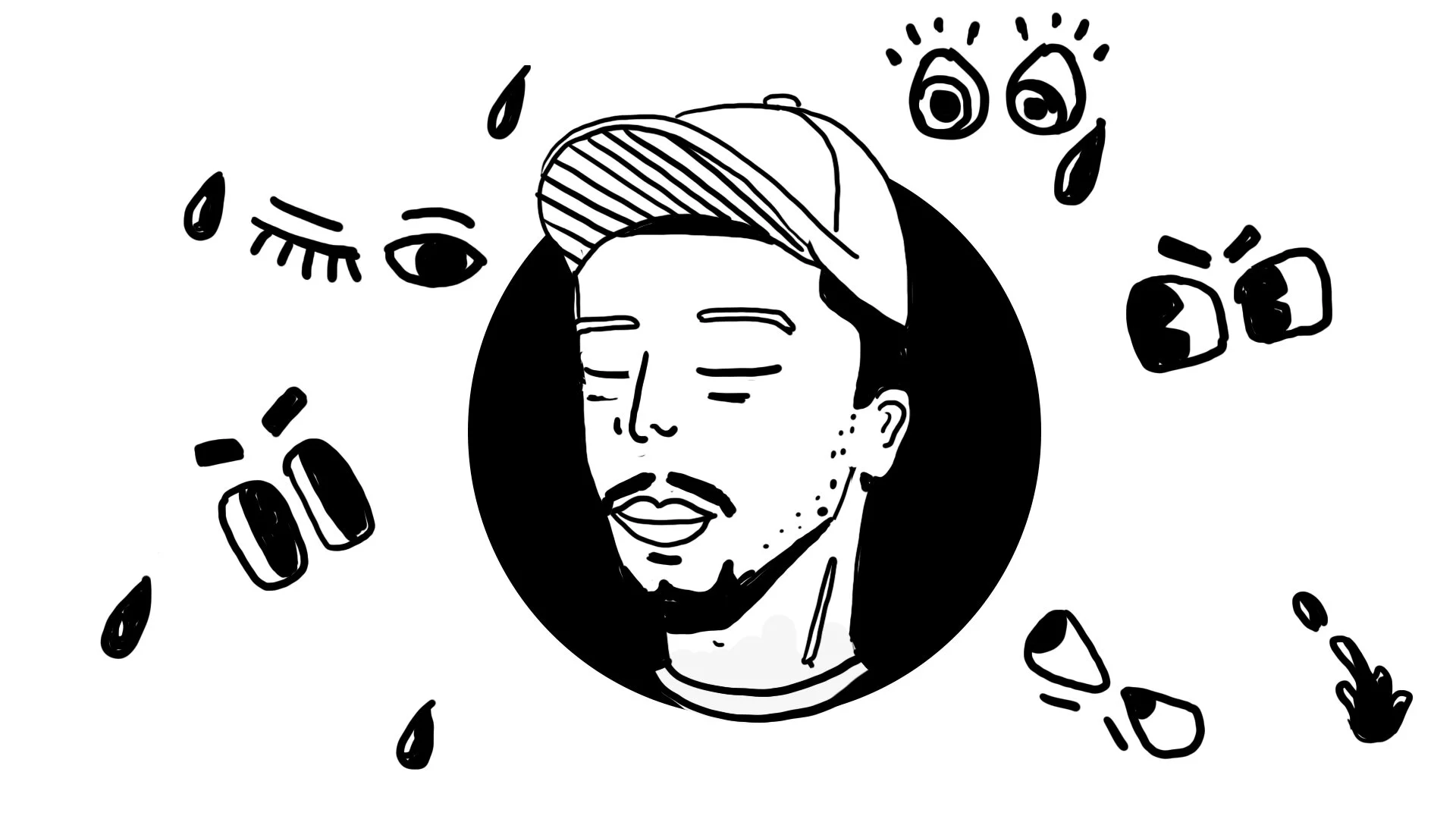  Several eyes starts to appear, menacing, each on a different cartoon style, and Raleigh continues with his eyes closed. 
