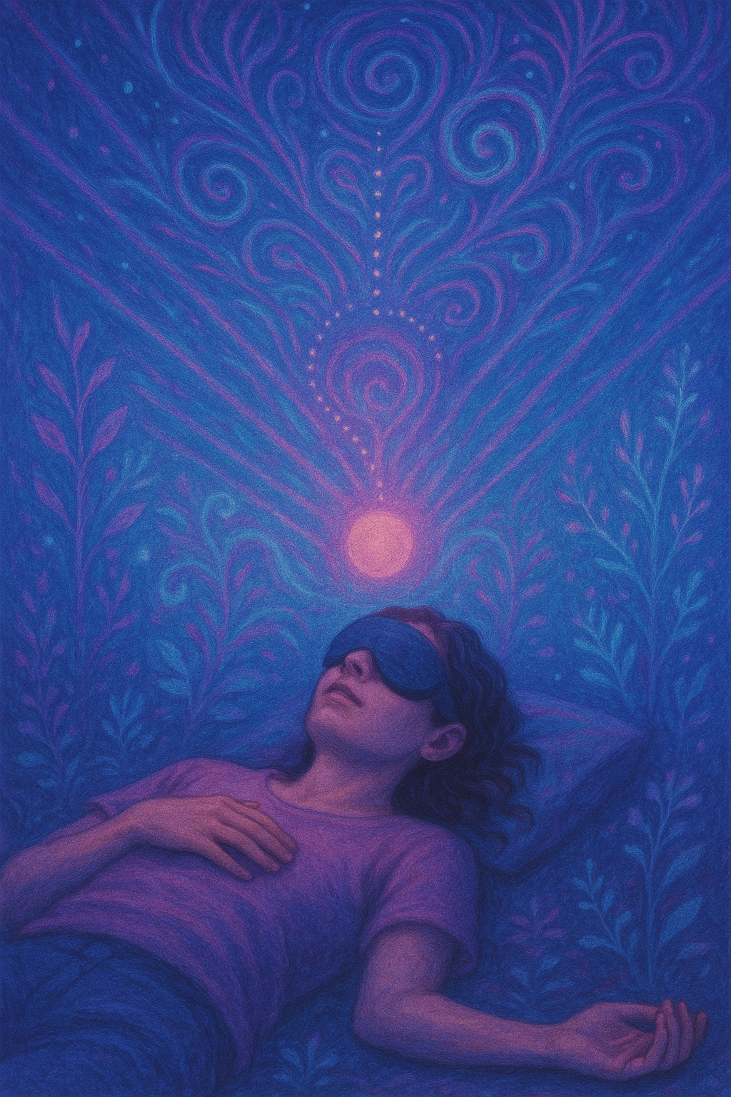 A person resting during a transpersonal breathwork experience beneath swirling patterns of breath and light