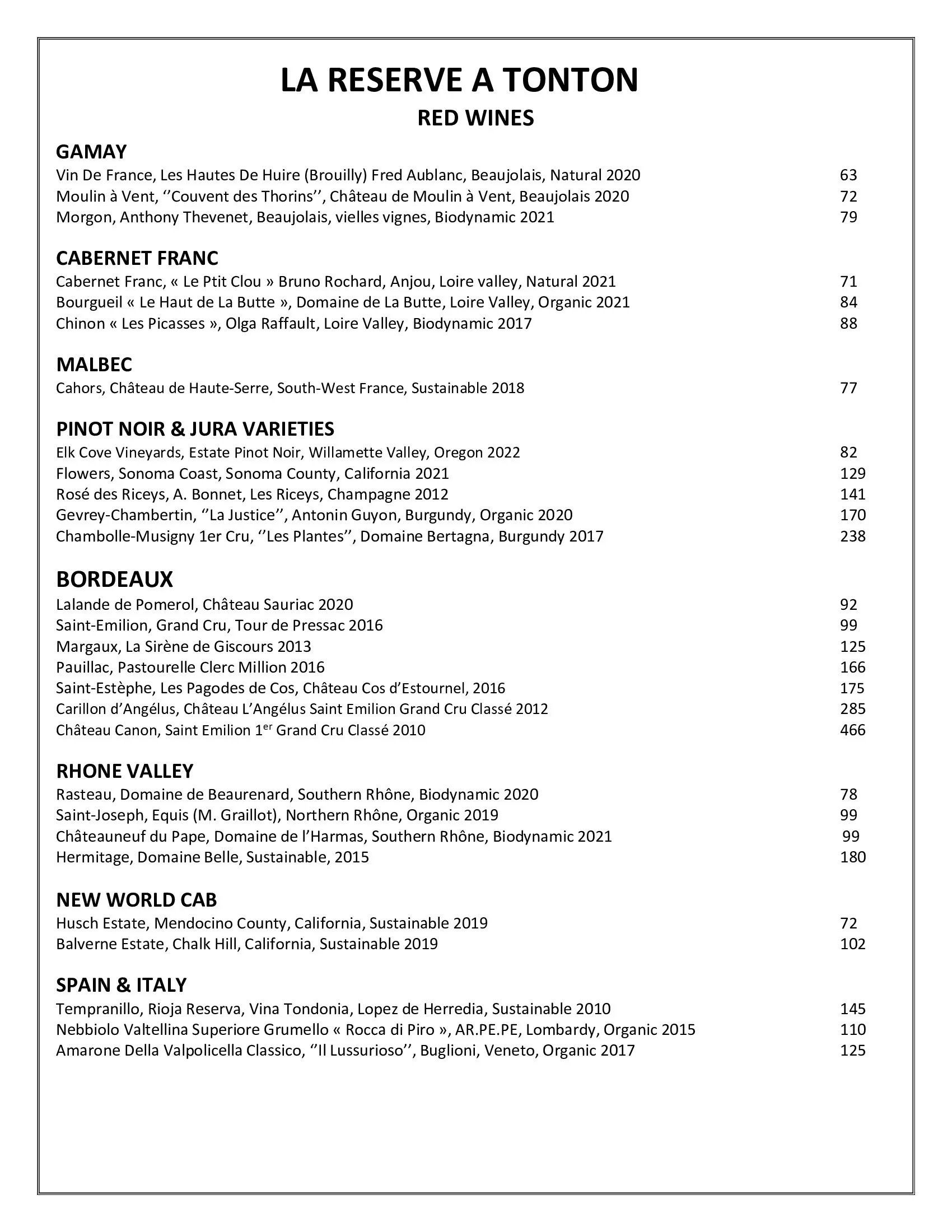 Menu — Amelie wine bar