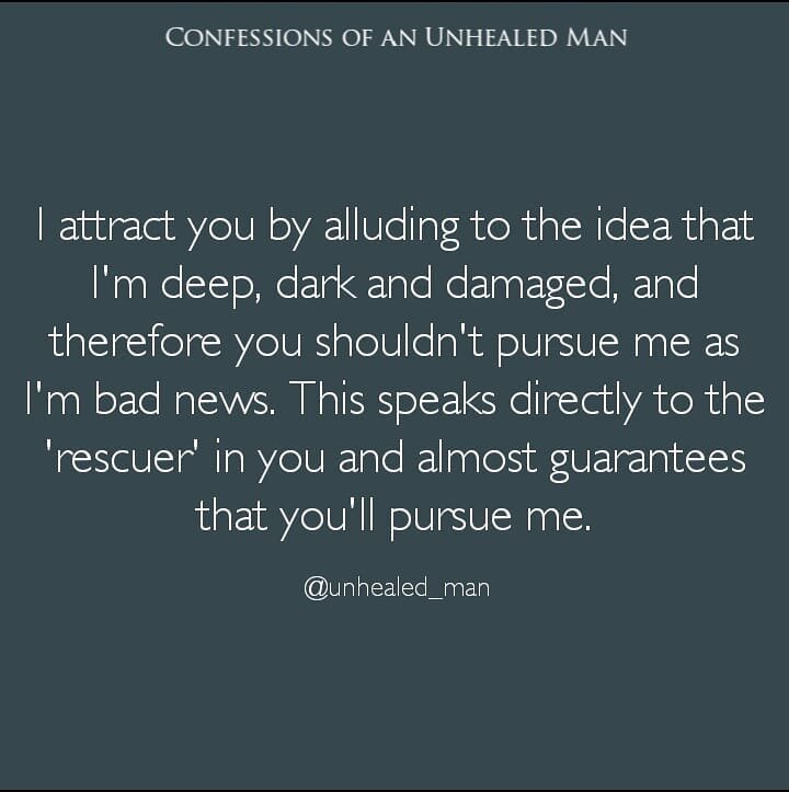 This only works on a woman who is equally as insecure as the unhealed man in question. While even 'whole' and 'healthy' people will also feel an attraction to such dark type of person, their higher self will stop them from pursuing them.

#avoidantat