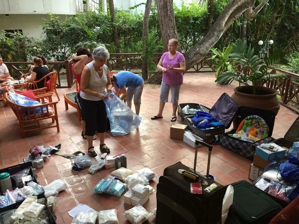 Sorting through the medical supplies