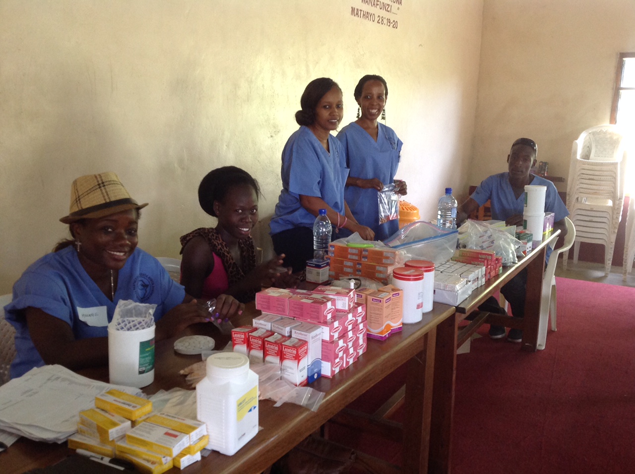 Our Kenyan partners staffing the temporary clinic pharmacy.&nbsp;