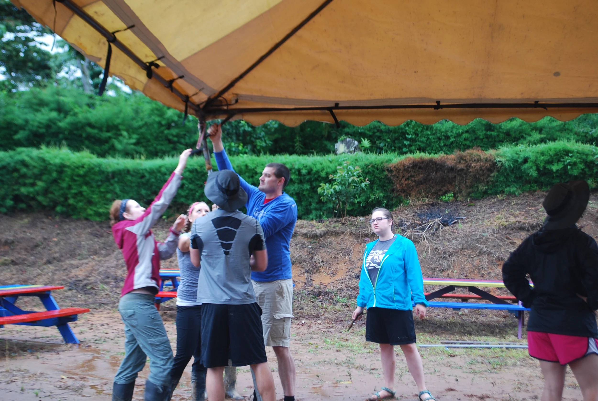 Putting up tents for the celebration.