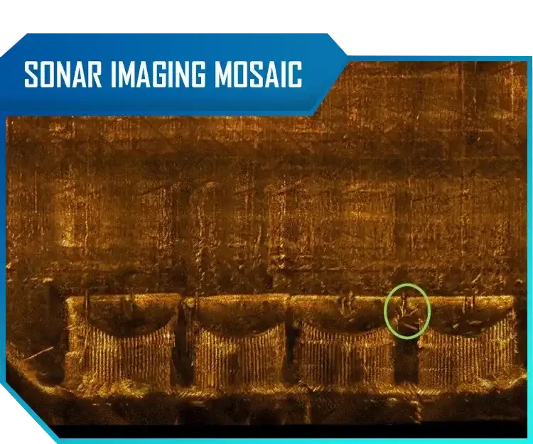 Close-up of a sonar imaging mosaic showing metallic objects with a green circle highlighting a specific feature.