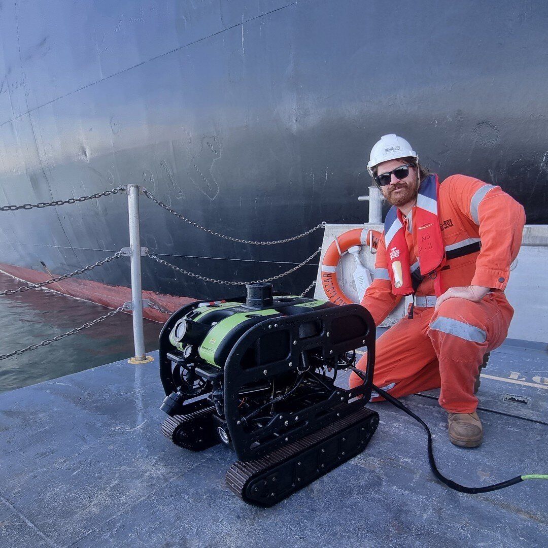 AUS-ROV performing inspection of an LNG Tanker hull technology for International Coatings AkzoNobel. The SeaBotix vLBC Crawler allows the ROV to attach itself to the ship's underside and crawl along the hull, inspecting for defects or anomalies at cl