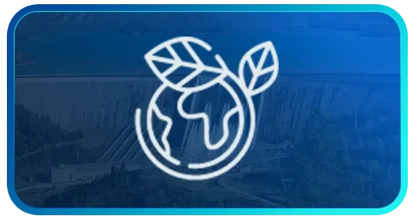 Icon of a globe with two leaves on top, representing environmental sustainability.