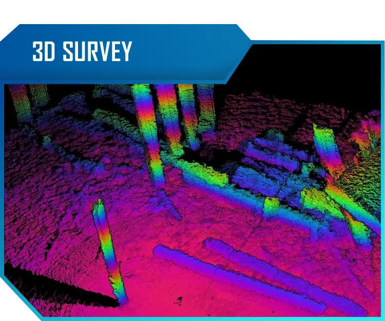 Colorful 3D survey scan of an outdoor site with structures and terrain, labeled '3D SURVEY' at the top left corner.