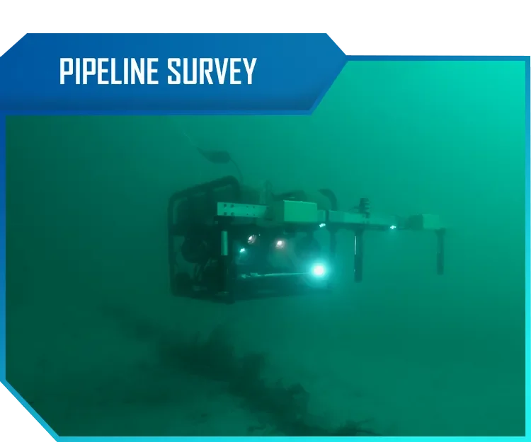 Underwater drone with lights, used for pipeline survey, swimming in deep water.