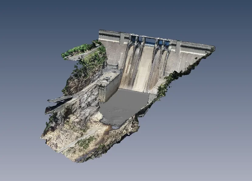 3D photogrammetric model of a dam spillway captured by AUS-ROV using ROV-mounted stereo cameras for underwater structural inspection and asset condition assessment