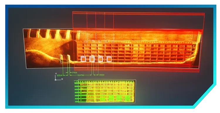 2D multibeam sonar mosaic showing stitched acoustic frames for high-resolution mapping of submerged structures.