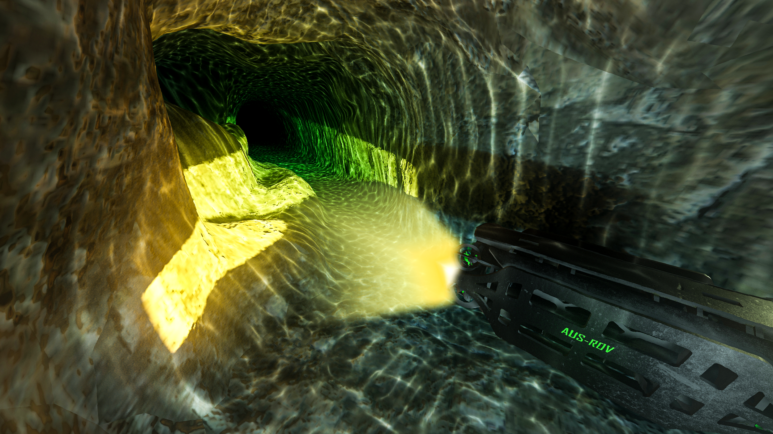 A first-person perspective from a video game shows a gun firing a green laser in a cave with green and yellow illuminated water flowing through the tunnel.