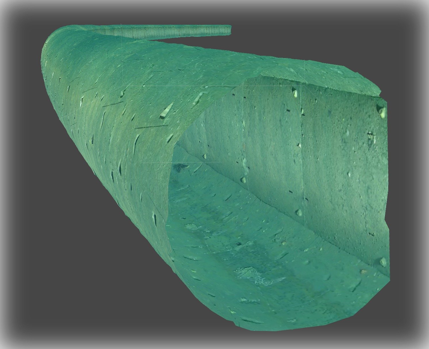 3D rendering of a green, hollow, cylindrical object with textured surface and small holes, viewed from an angle.