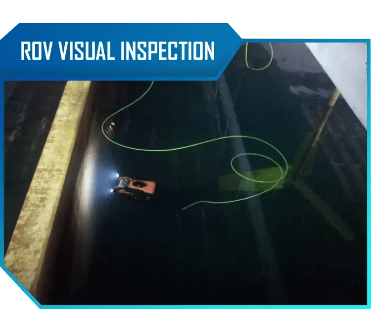 A robotic device performing a visual inspection on a black surface with green laser scanning lines, with a blue banner reading 'ROV Visual Inspection' at the top.