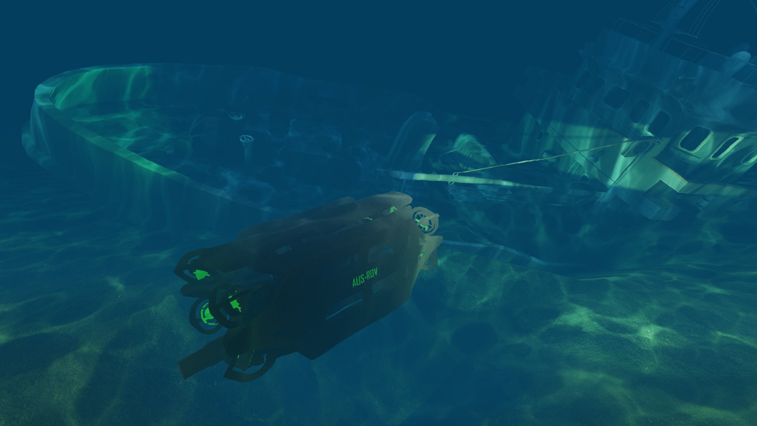 Underwater scene showing remotely operated vehicle (ROV) with the label AUS-ROV approaching a sunken shipwreck.