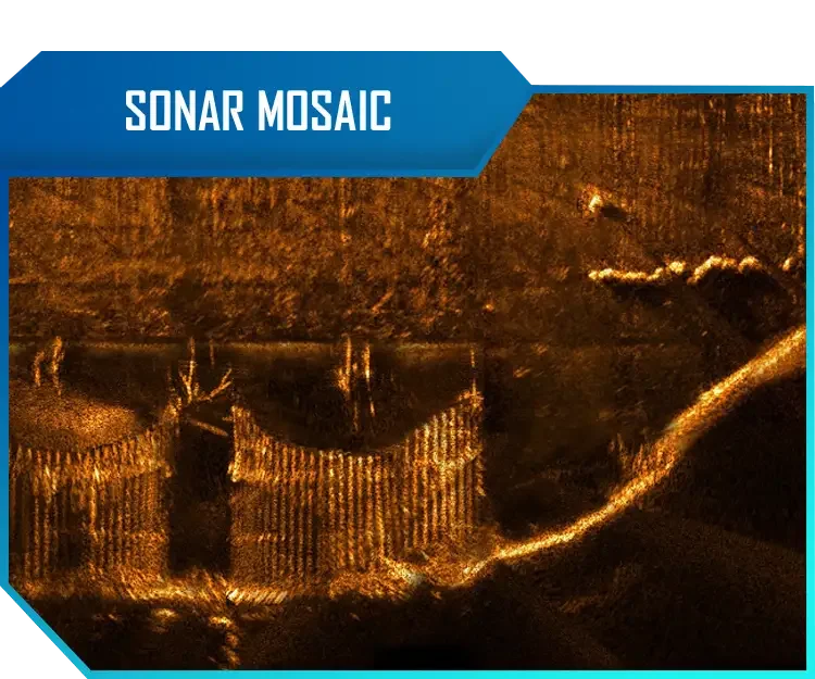 Sonar mosaic image showing underwater structures or landforms
