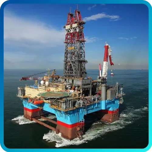 Offshore oil drilling rig in the ocean with a tall derrick and drilling equipment.