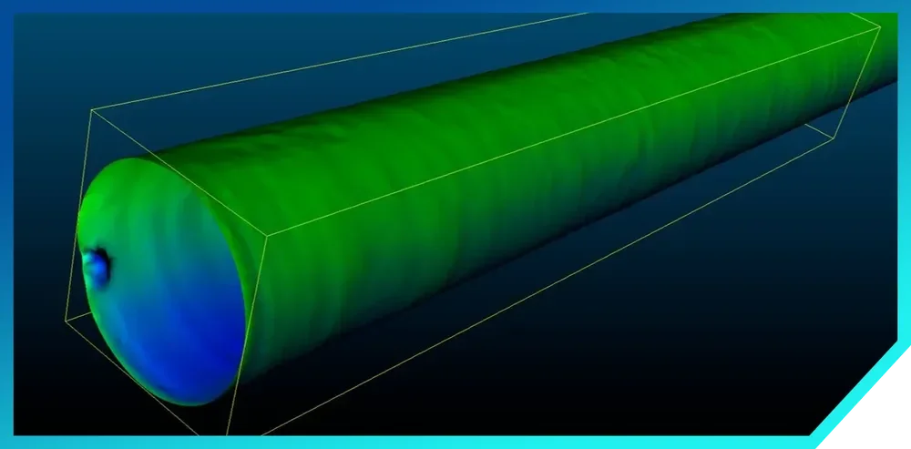 3D simulation of a cylindrical object with color gradient from blue to green, enclosed in a wireframe rectangular box.