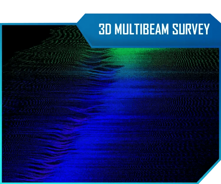 Digital 3D multibeam survey visualization with green and blue wave-like lines on a black background, titled '3D Multibeam Survey' in a blue banner.