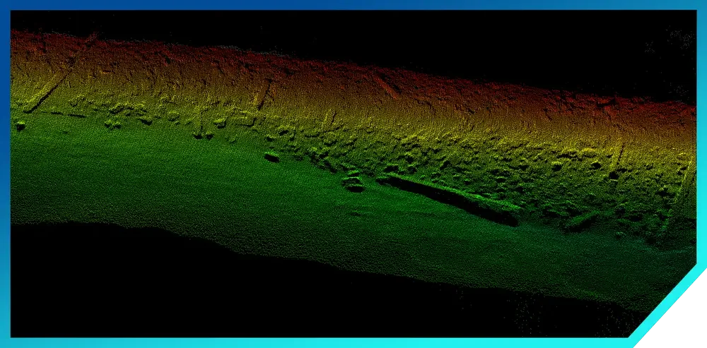 A 3D laser scan point cloud image showing terrain elevation with color coding from black to green, yellow, orange, and red, indicating different height levels.