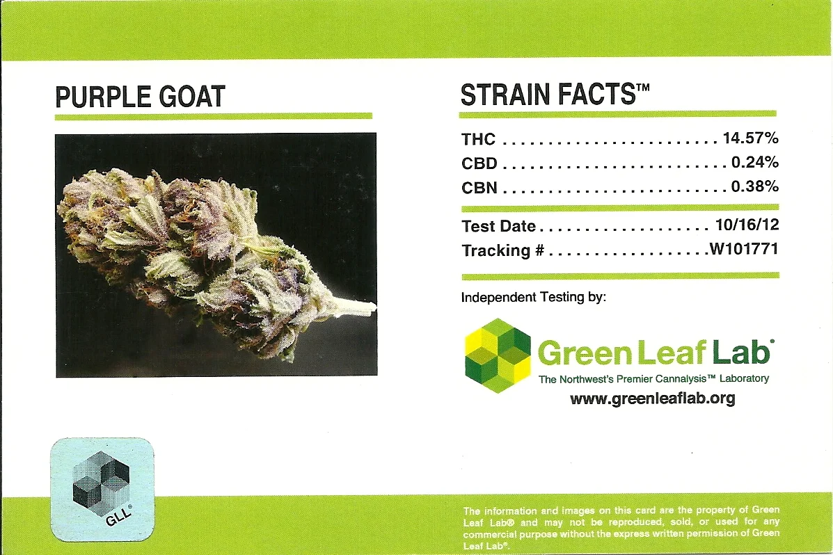 Purple Goat Strain Facts Card.