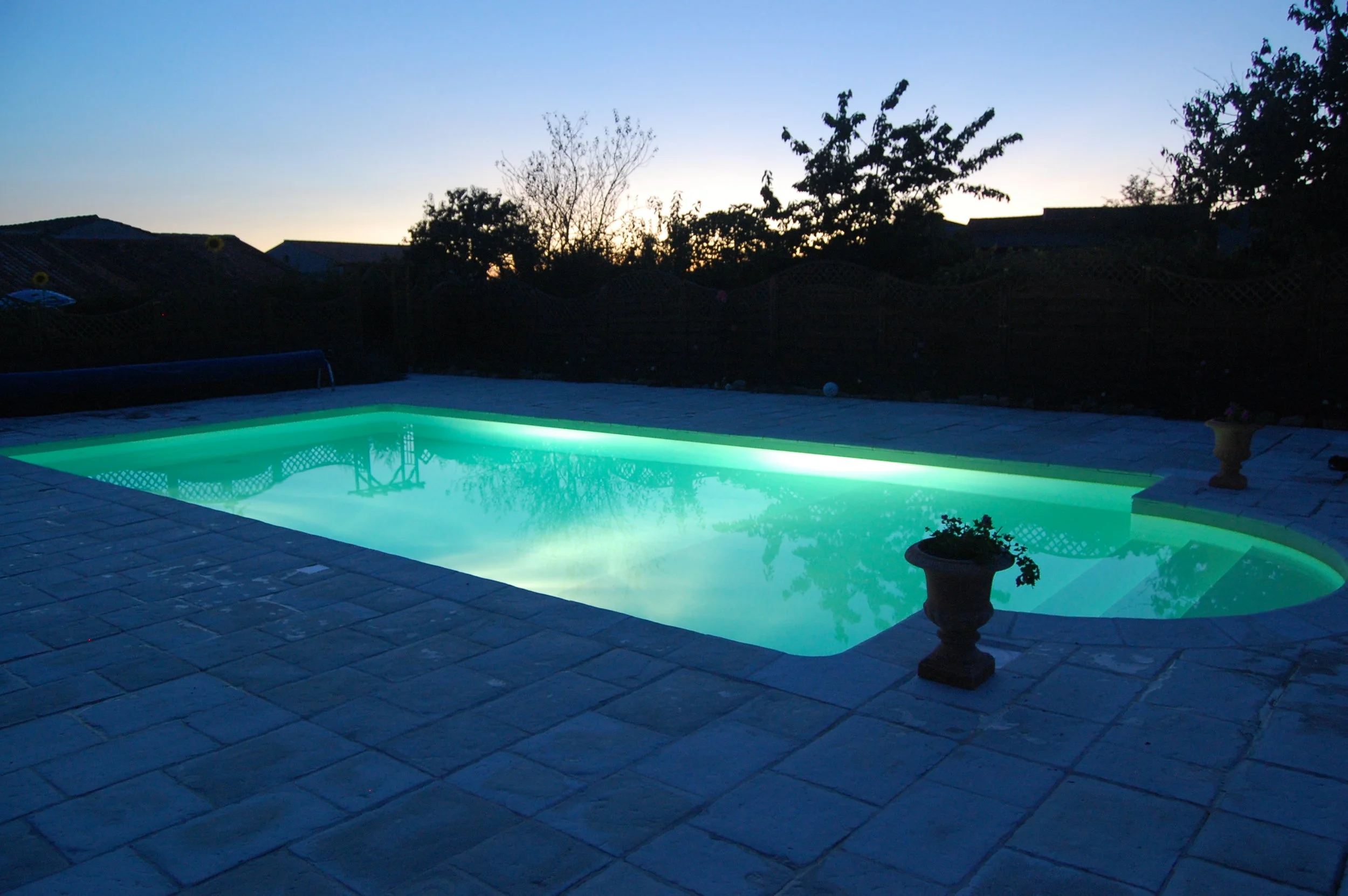 10 m by 5 m in-ground pool with roman steps, sand liner and submerged lighting.