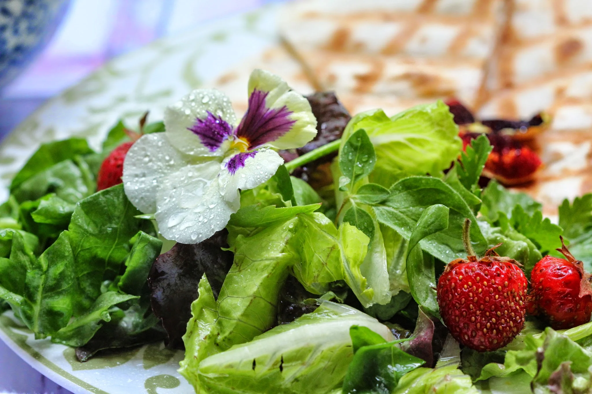 Cheese Quesadillas with Mixed Greens, Herbs and Strawberry Salad