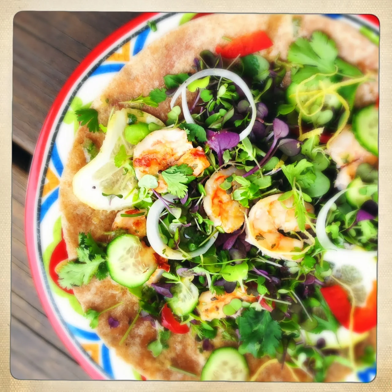 Tacos with Spring Greens, Grilled Seafood and Cilantro Vinaigrette