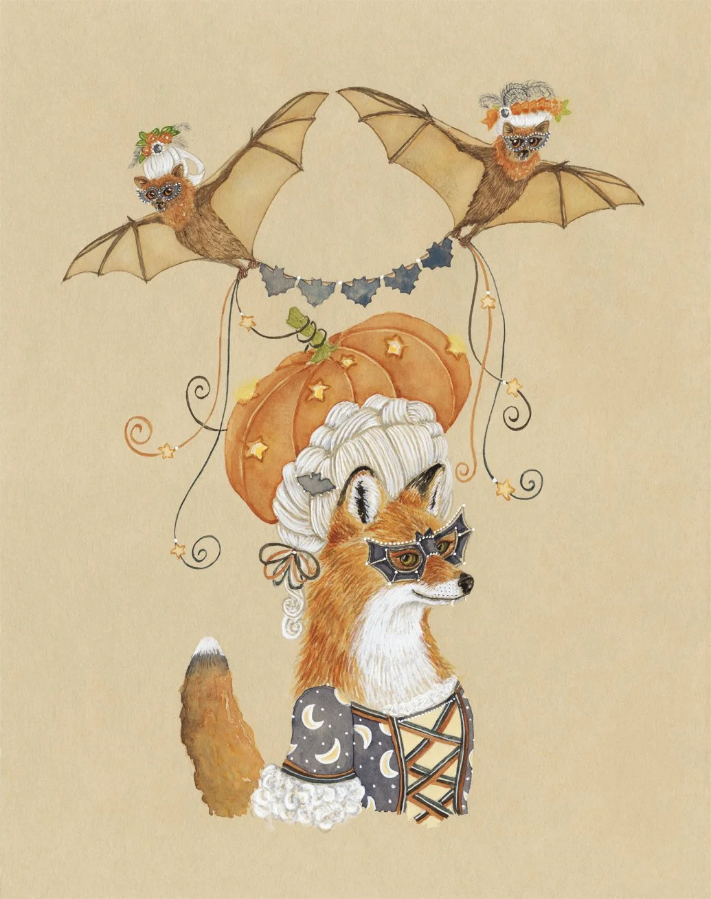 "The Three Foxes", watercolor, gouache, and colored pencil on tinted watercolor paper, 11" x 14"