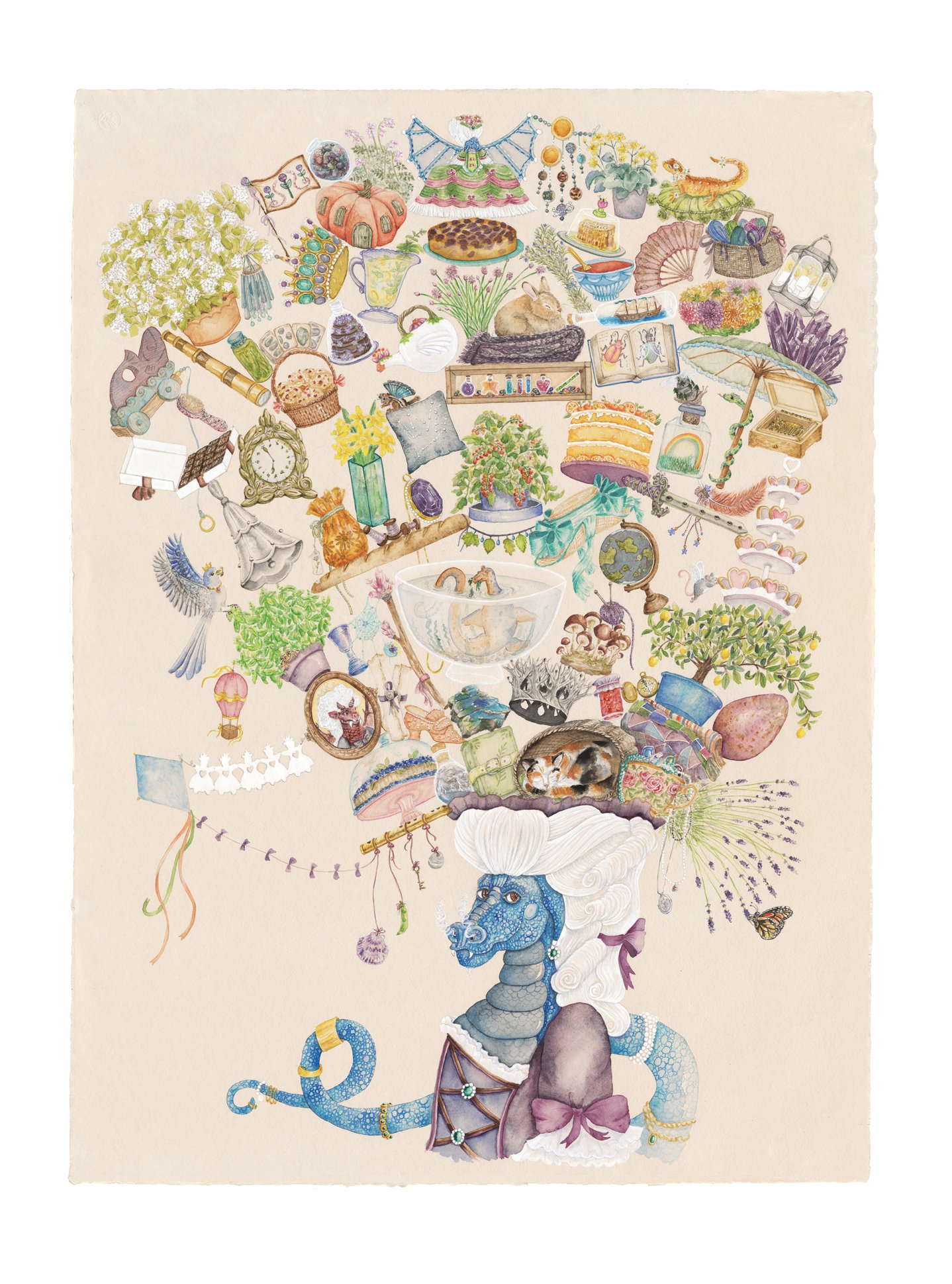 A blue dragon dressed in Rococo stlye with all of her treasures on her wig.