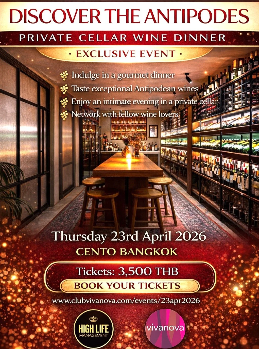 🍷 DISCOVER THE ANTIPODES
A Private Cellar Wine Dinner at Cento Bangkok
Thursday 23rd April 2026 . 7pm

An Intimate Gourmet Wine Evening
Five Courses . Five Premium Wines
Private Cellar . Cento Bangkok

THB 3,500 per person
Limited to 14 guests

JOIN