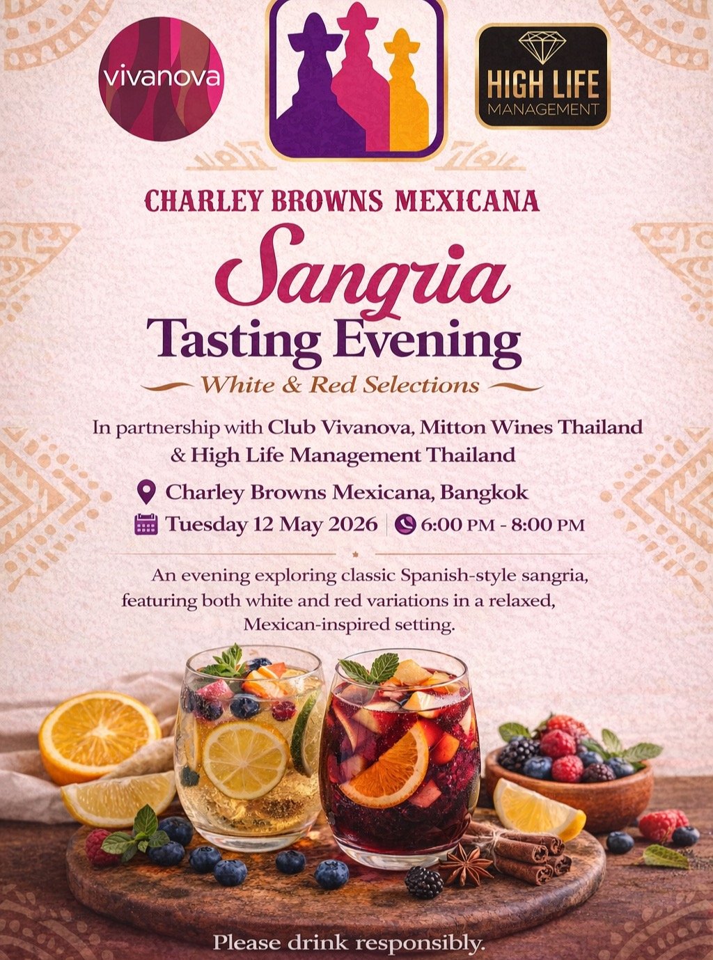 🍷 AFTER-WORK SANGRIA TASTING EVENING
Charley Browns Mexicana Bangkok
Tuesday 12th May 2026 . 6pm to 8pm

Join us for a Sangria Tasting Evening at Charley Browns Mexicana in Bangkok on Tuesday 12th May. Located in the heart of Bangkok, Charley Browns