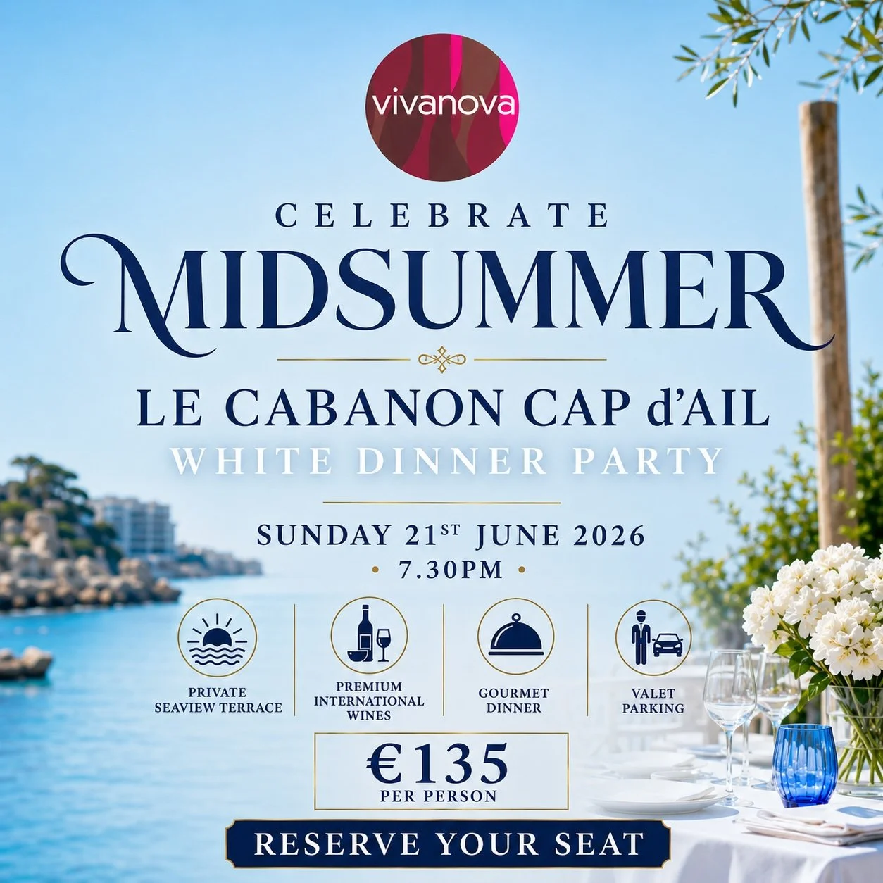 🇫🇷 Join us on Sunday 21st June 2026! 

🎶 Celebrate Midsummer's Night and la F&ecirc;te de la Musique with Club Vivanova at Le Cabanon Cap d'Ail. 

Located in the most exquisite and tranquil setting, with fabulous Mediterranean views, the recently 