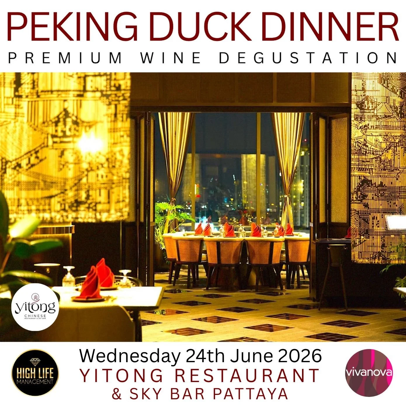 🍷 TRADITIONAL WOOD-SMOKED PEKING DUCK GOURMET WINE DINNER . Wednesday 24th June 2026 . 7pm

Yitong Chinese Restaurant &amp; Sky Bar Pattaya
Private Dining Room 

Four Premium International Wines
Seven Dish Culinary Experience 

Showcase Main Course
