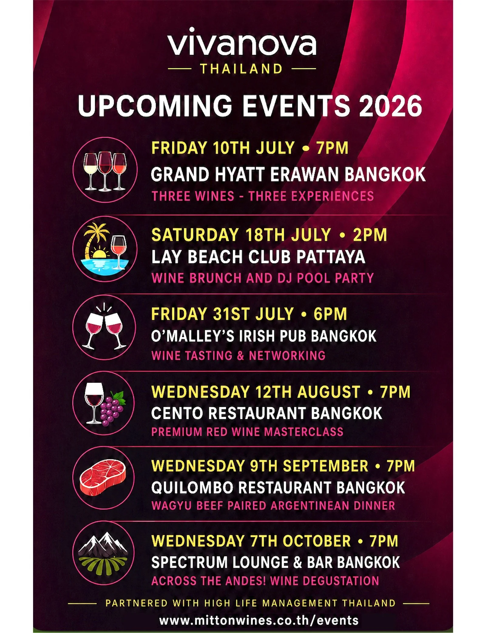 🍷 Club Vivanova Thailand &ndash; 2026 Events Calendar 🇹🇭

Join us throughout 2026 for a series of exclusive wine tastings, networking evenings, and lifestyle events across Thailand; partnered with High Life Management Thailand.

✨ Great wines
✨ Gr