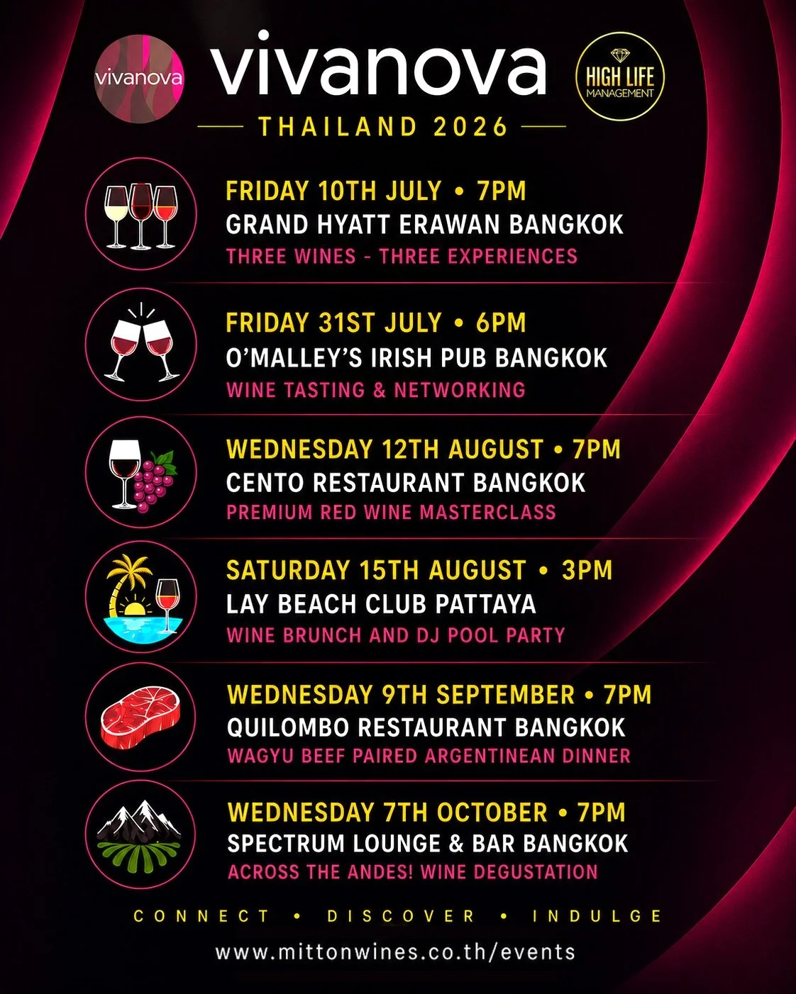 🍷 Club Vivanova Thailand &ndash; 2026 Events Calendar 🇹🇭

Join us throughout 2026 for a series of exclusive wine tastings, networking evenings, and lifestyle events across Thailand; partnered with High Life Management Thailand.

✨ Great wines
✨ Gr