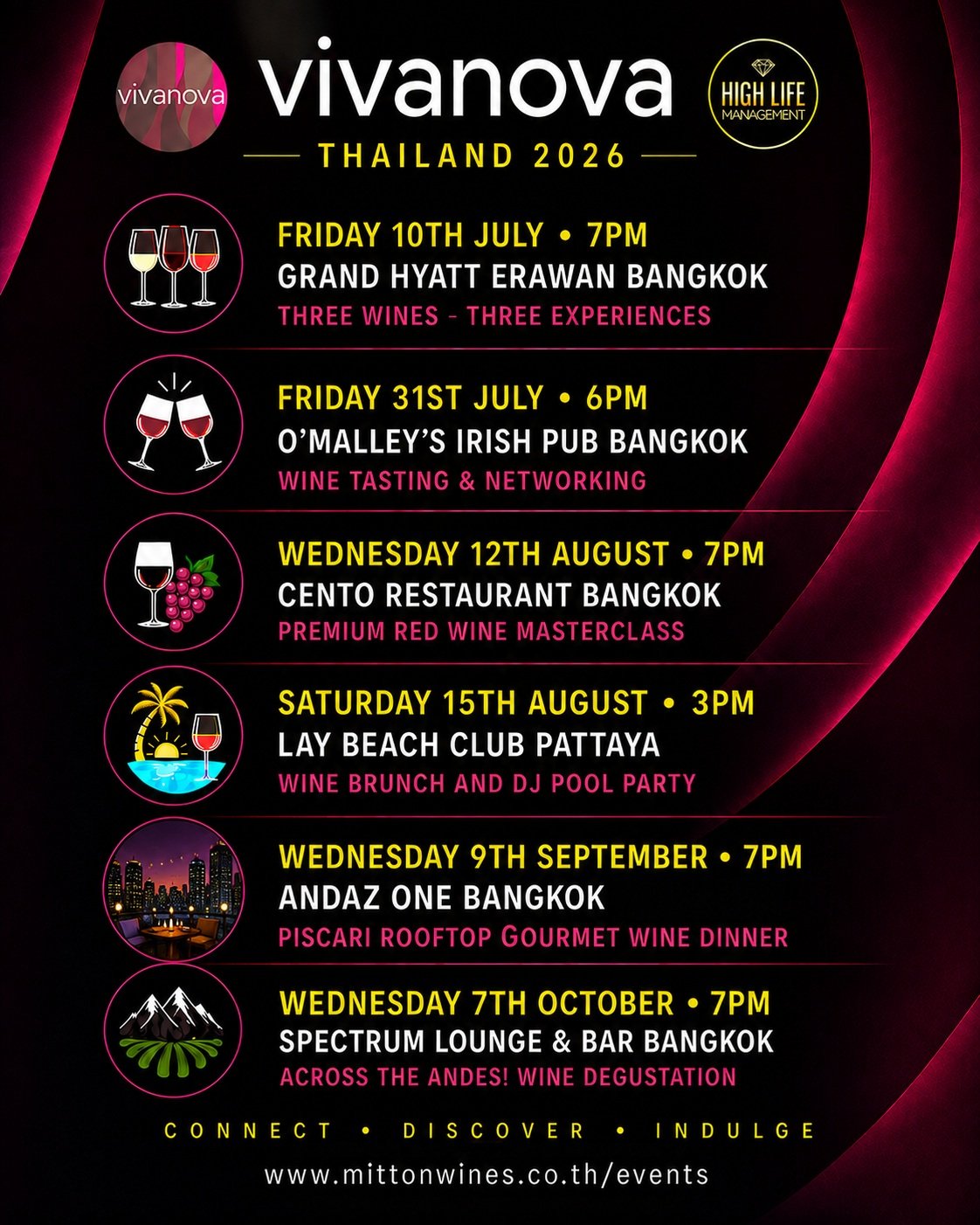 🍷 Club Vivanova Thailand &ndash; 2026 Events Calendar 🇹🇭

Join us throughout 2026 for a series of exclusive wine tastings, networking evenings, and lifestyle events across Thailand; partnered with High Life Management Thailand.

✨ Great wines
✨ Gr