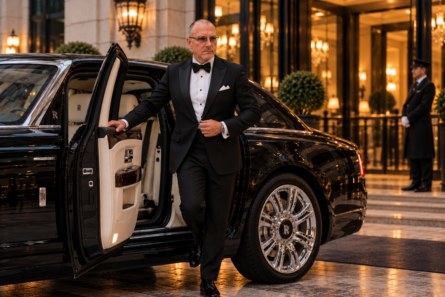 Tuxedoed VIP Arrives at Luxury Hotel.png
