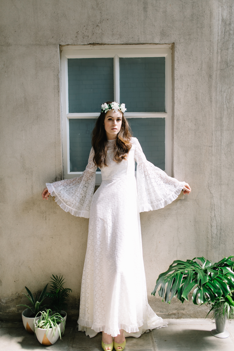 long sleeve 1970s bohemian wedding dress