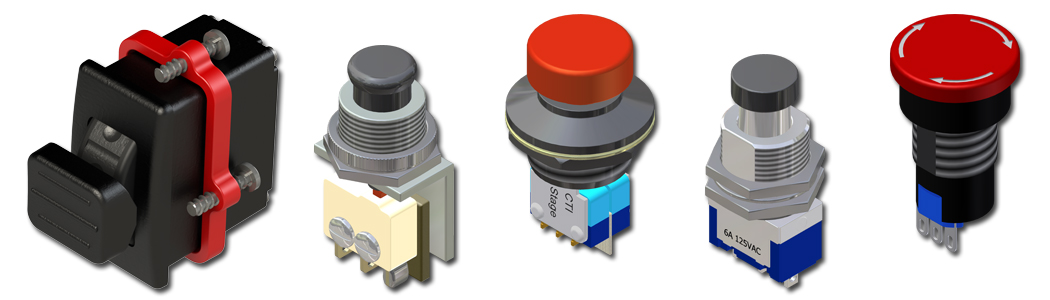 A variety of push button, rocker,  toggle switches & hall effect thumb wheels for sale.