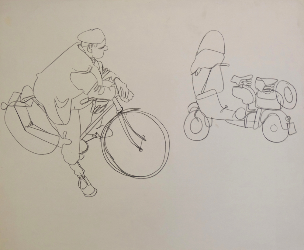 Untitled: Bicyclist Contemplating Vespa