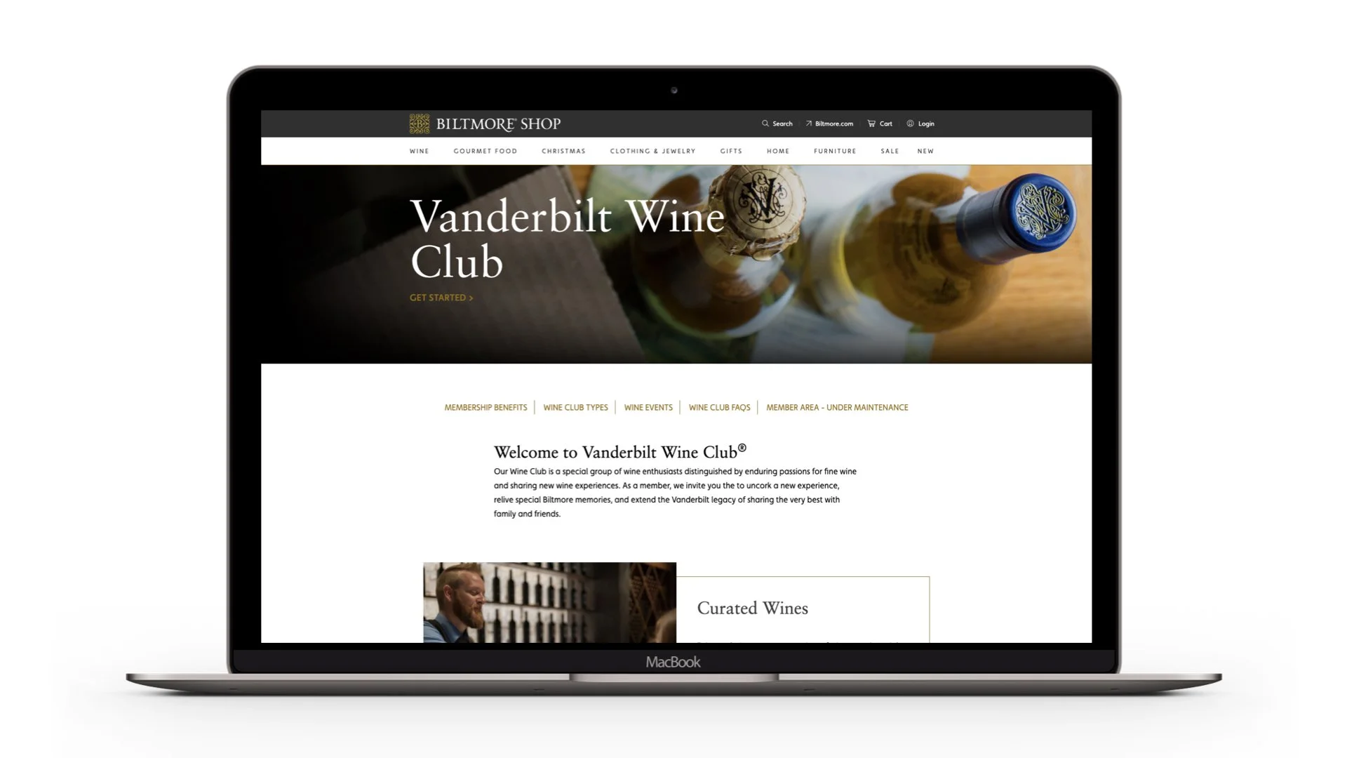  Image of the Vanderbilt Wine Club page on Biltmore Shop shown on a laptop.  