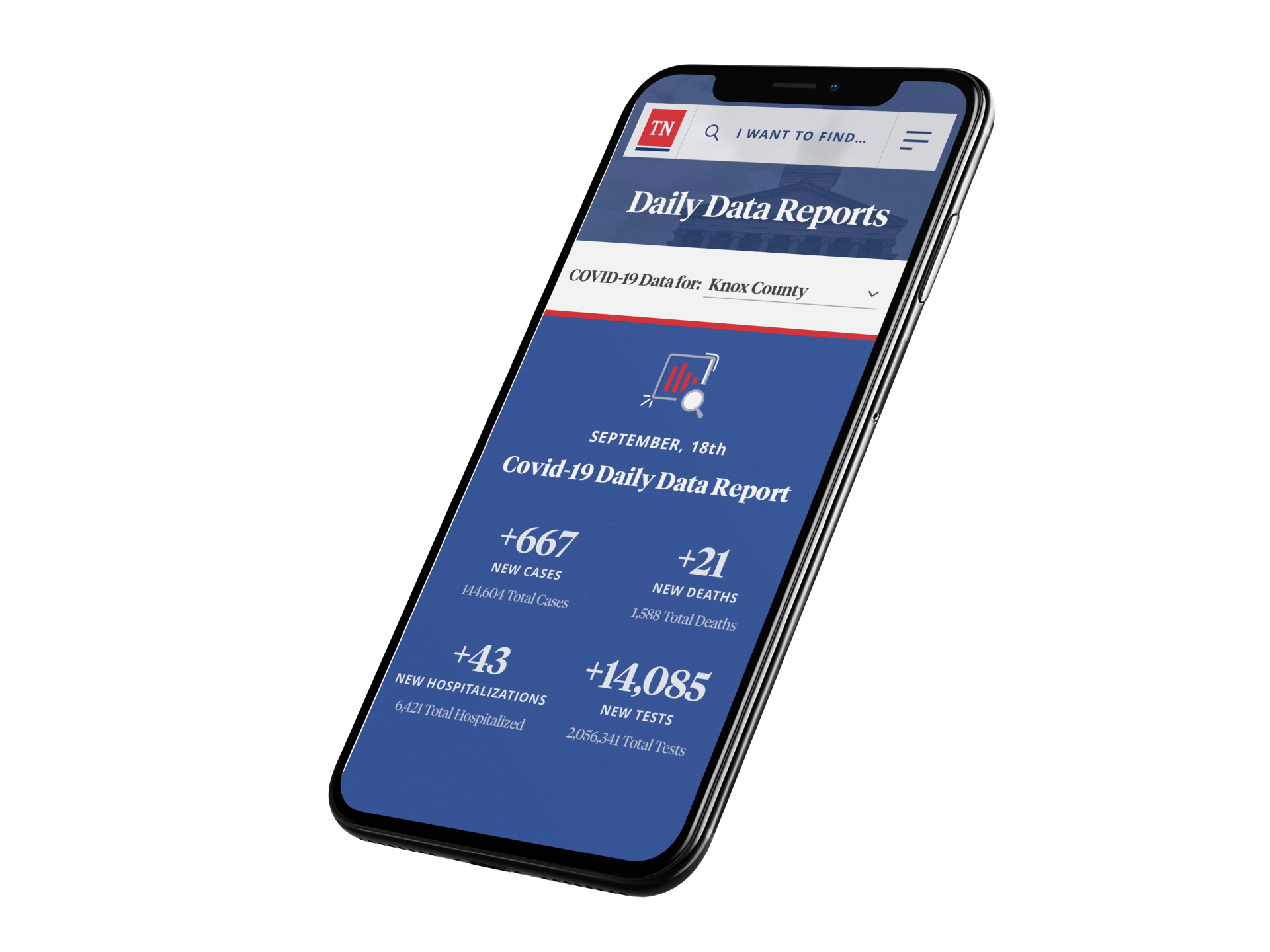  Iphone with the Daily Data Reports page for the COVID-19 Information Hub website.  