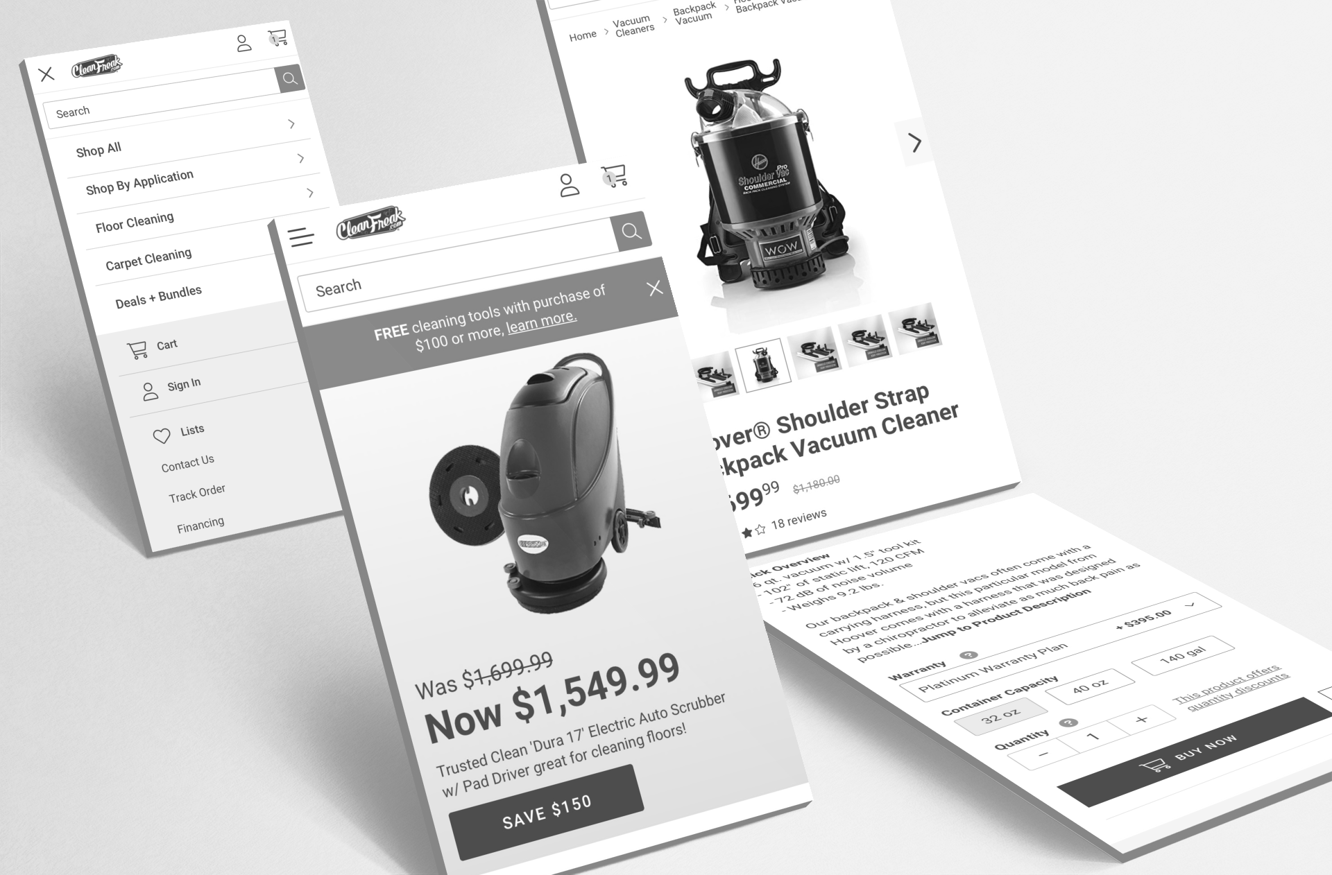  Four wireframe screens of the Clean Freak mobile website.  